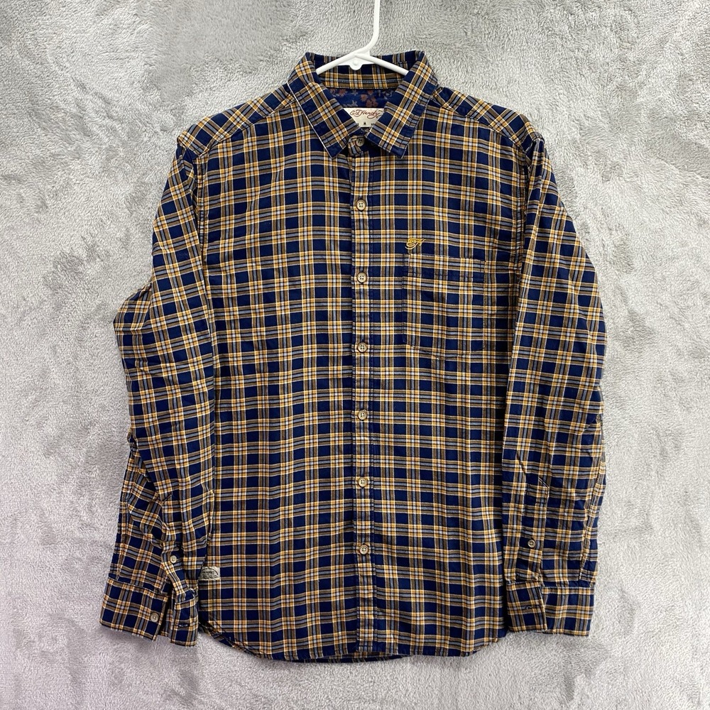 Ed Hardy Plaid Button Down Shirt Men M Navy Mustard Floral Lined Embroidered EUC